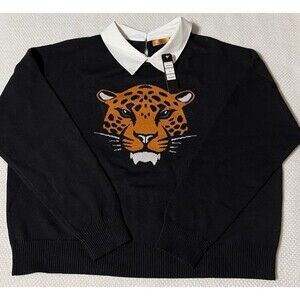 NWT Belldini Black Jaguar Tiger Face Sweater White Collar XL